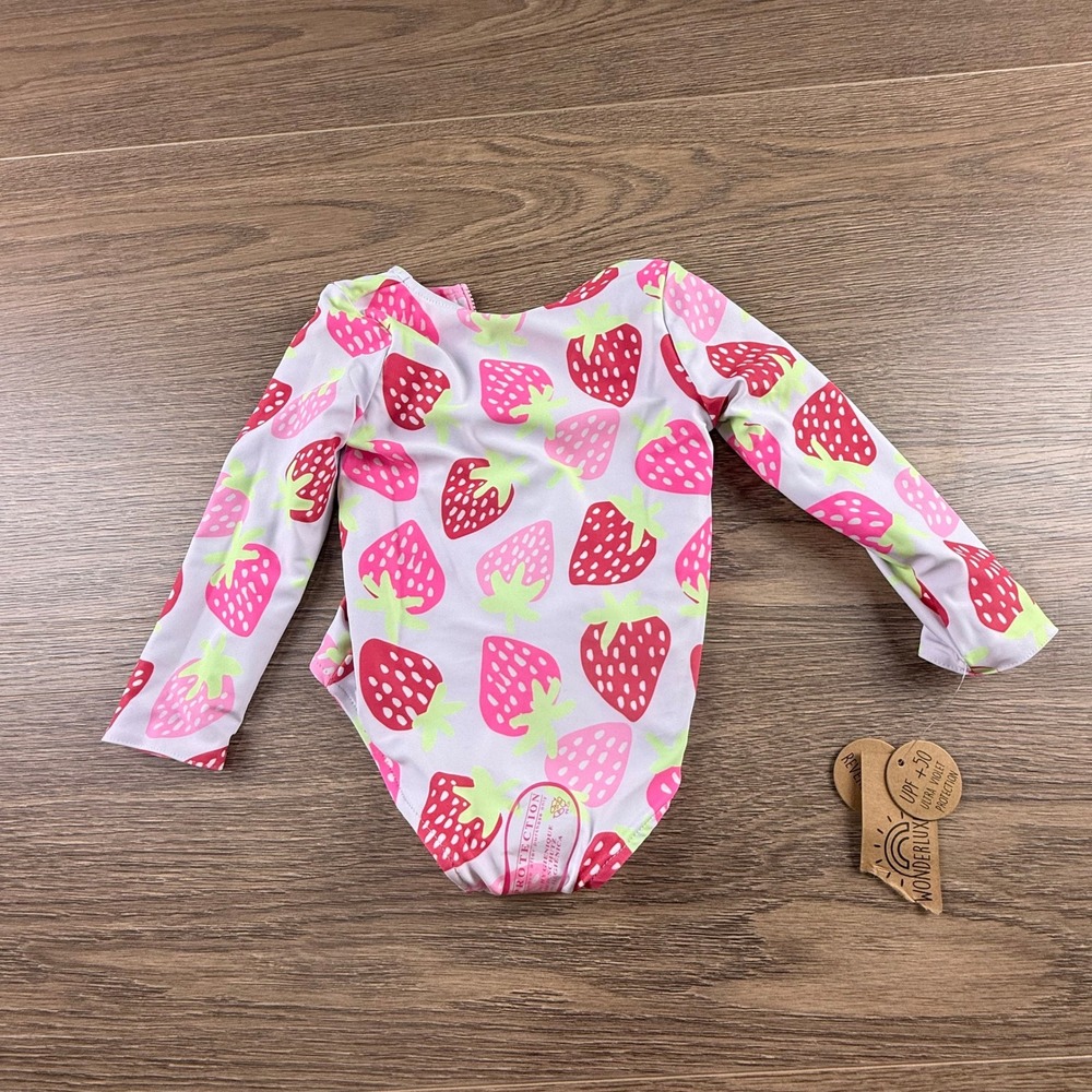 Wonderlux Reversible Swimsuit 18M Gingham Strawberry Long Sleeve UPF 50+ NEW